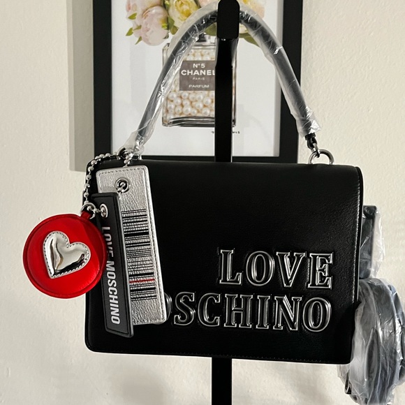 Love Moschino Handbags - LOVE MOSCHINO NWT AUTHENTIC LOGO-CHARM BLACK FAUX LEATHER SATCHEL BAG